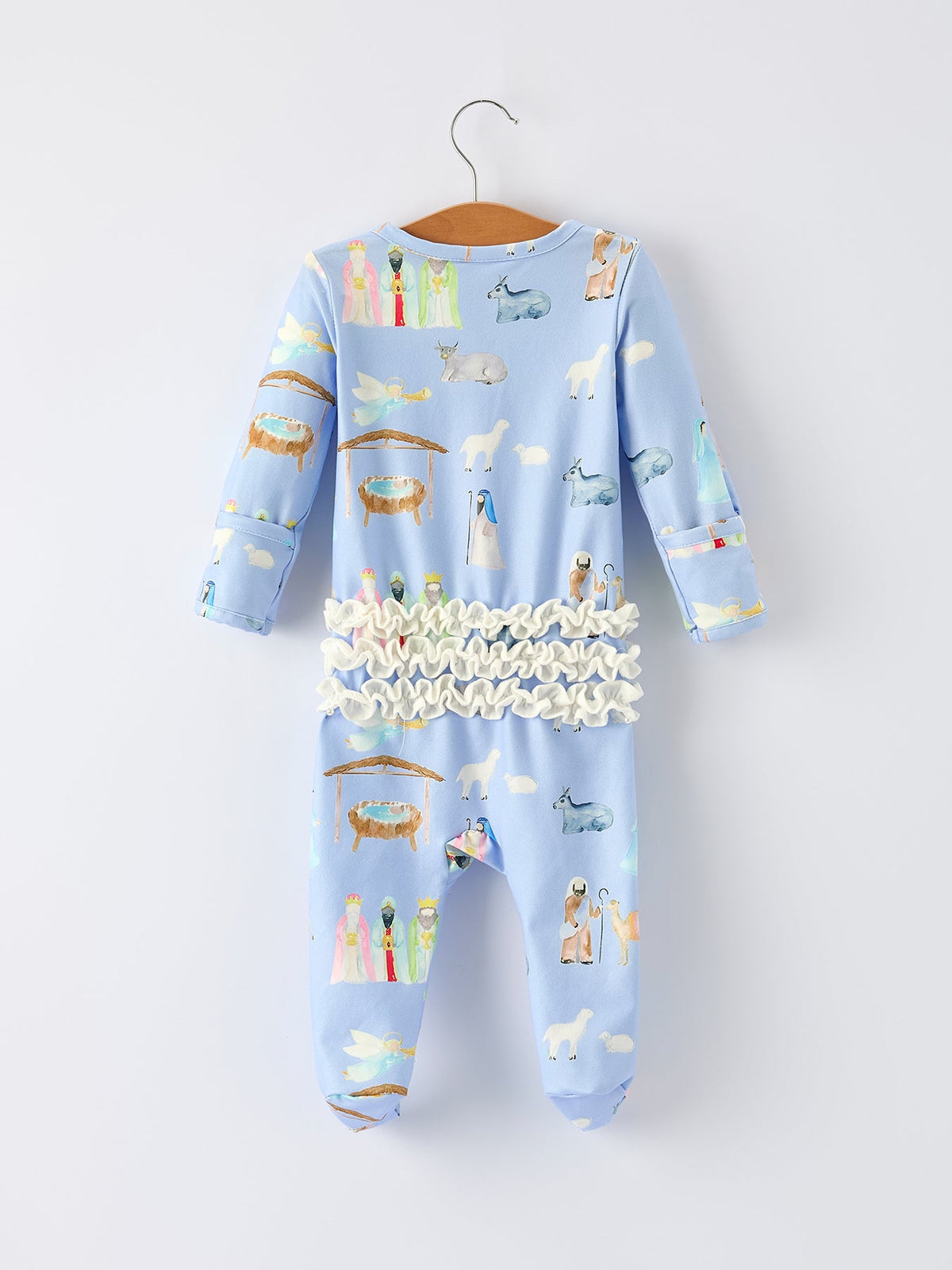 Blue Christmas Nativity Pattern Baby Girls Romper with Ruffles by Rylee Faith Designs