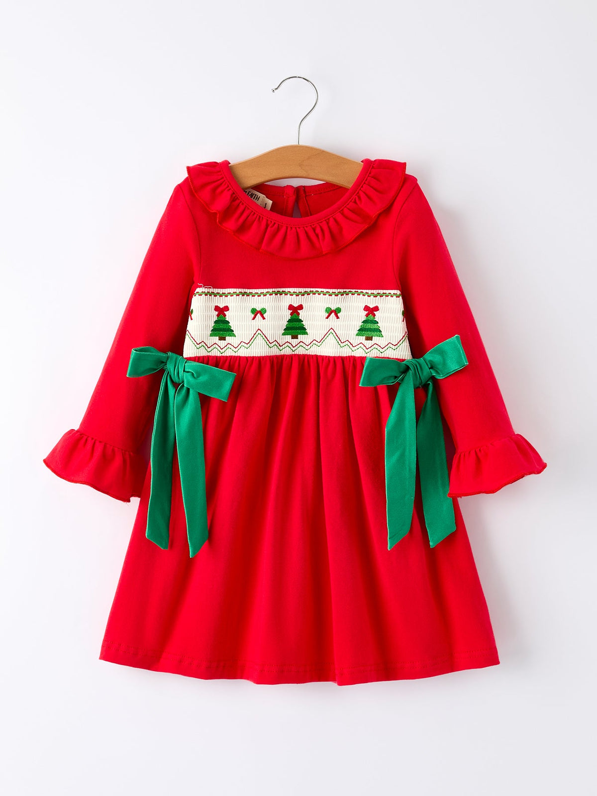 Christmas Smocked Dress with Green Bow and Tree Embroidery by Rylee Faith Designs