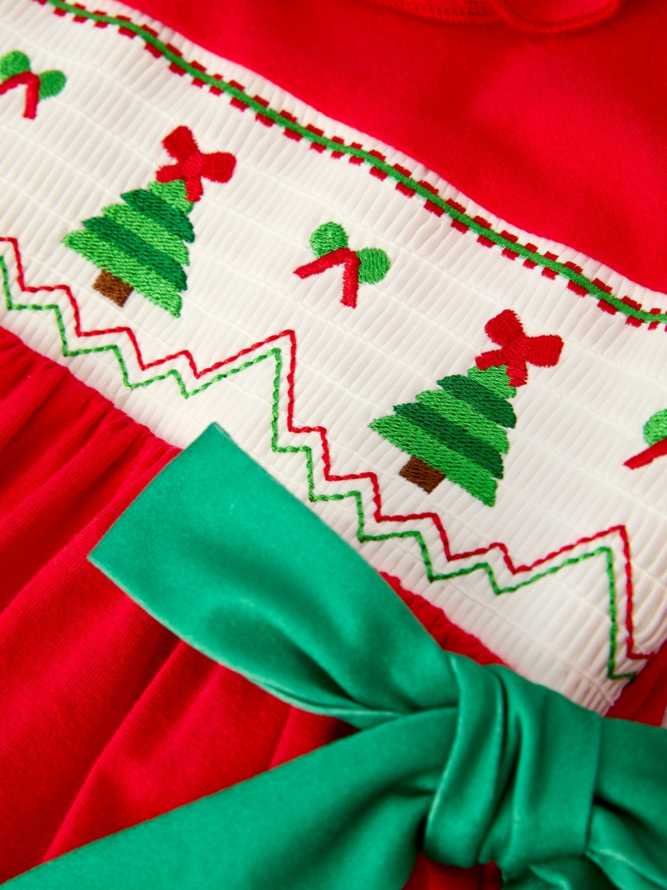 Christmas Smocked Dress with Green Bow and Tree Embroidery by Rylee Faith Designs