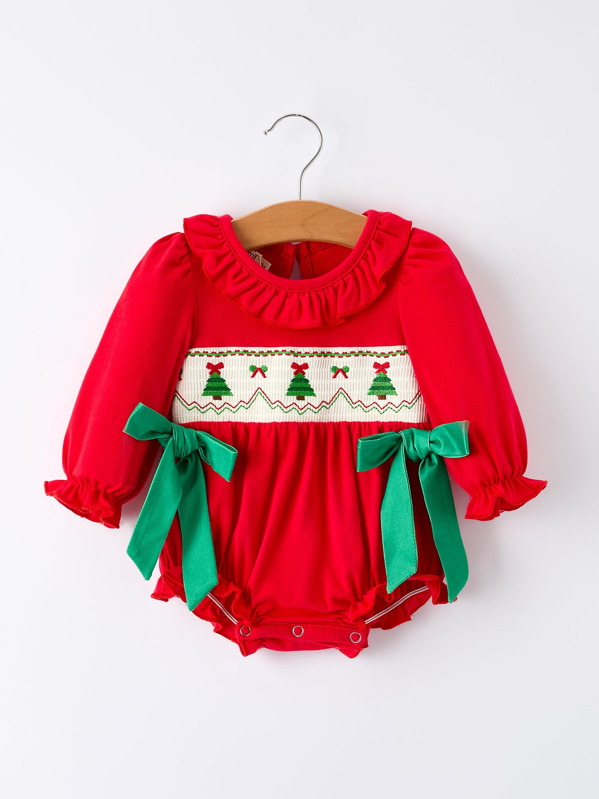 Christmas Smocked Girls Romper with Green Bow and Tree Embroidery by Rylee Faith Designs