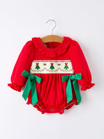 Christmas Smocked Girls Romper with Green Bow and Tree Embroidery by Rylee Faith Designs