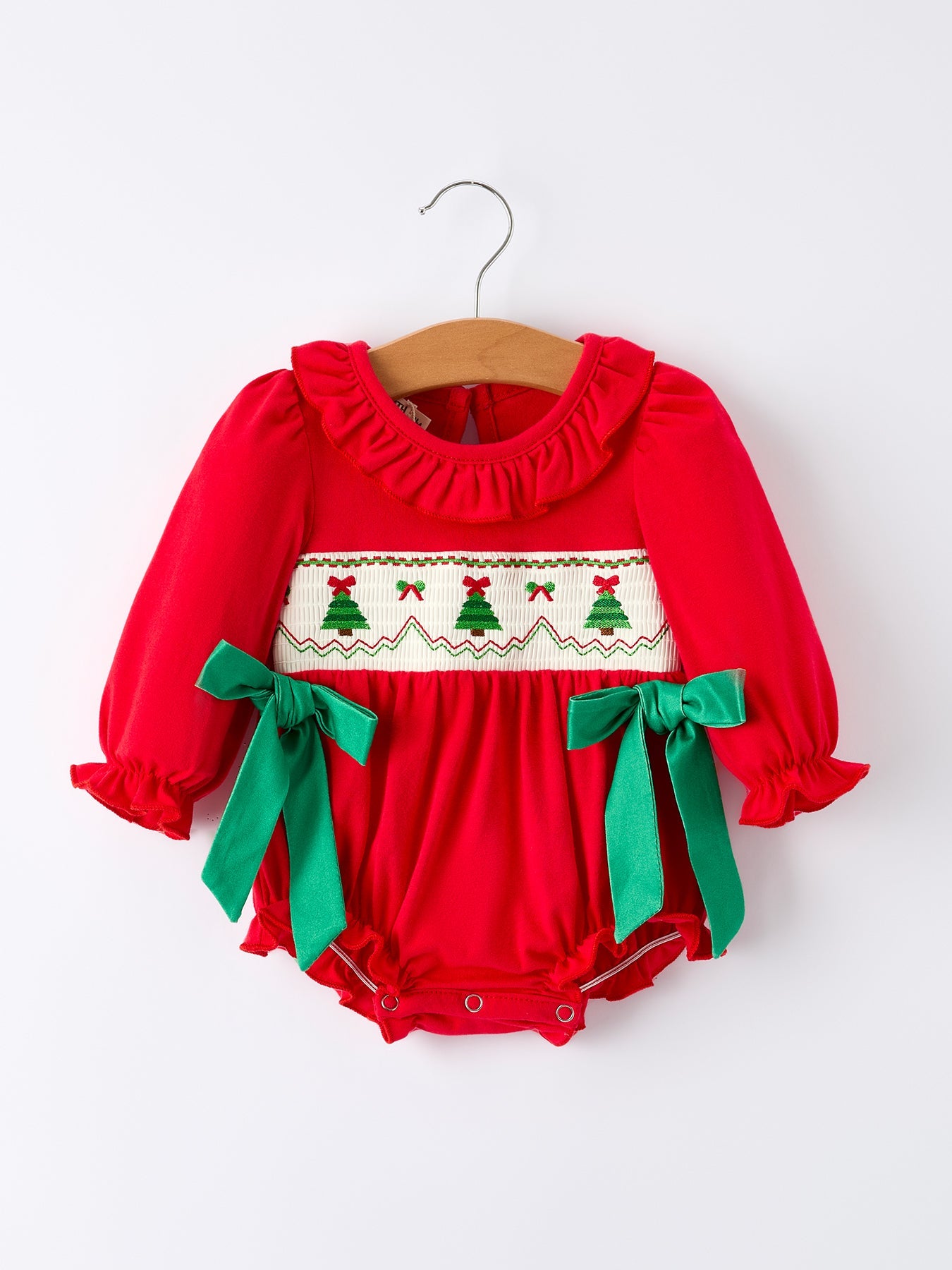 Christmas Smocked Girls Romper with Green Bow and Tree Embroidery by Rylee Faith Designs