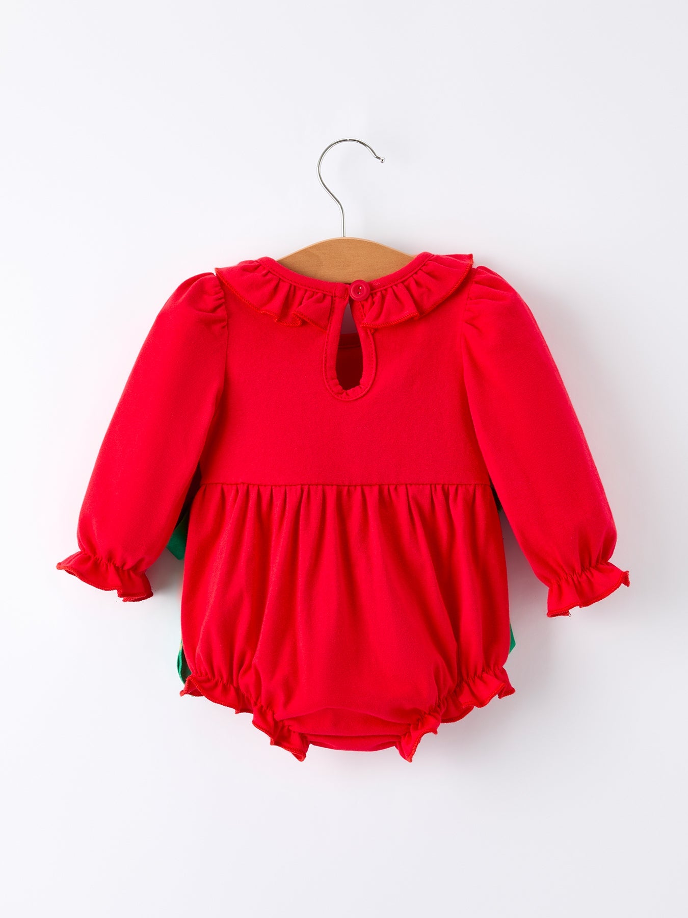 Christmas Smocked Girls Romper with Green Bow and Tree Embroidery by Rylee Faith Designs