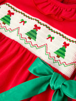 Christmas Smocked Girls Romper with Green Bow and Tree Embroidery by Rylee Faith Designs