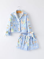 Blue Christmas Nativity Pattern Girls Pajamas Set by Rylee Faith Designs