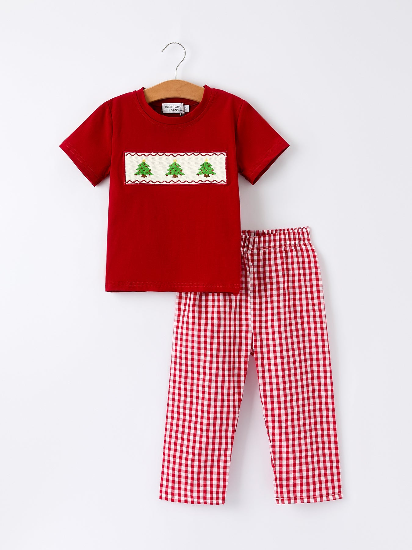 Boys two-piece Christmas set with embroidered Christmas tree smocking on top and matching plaid pants