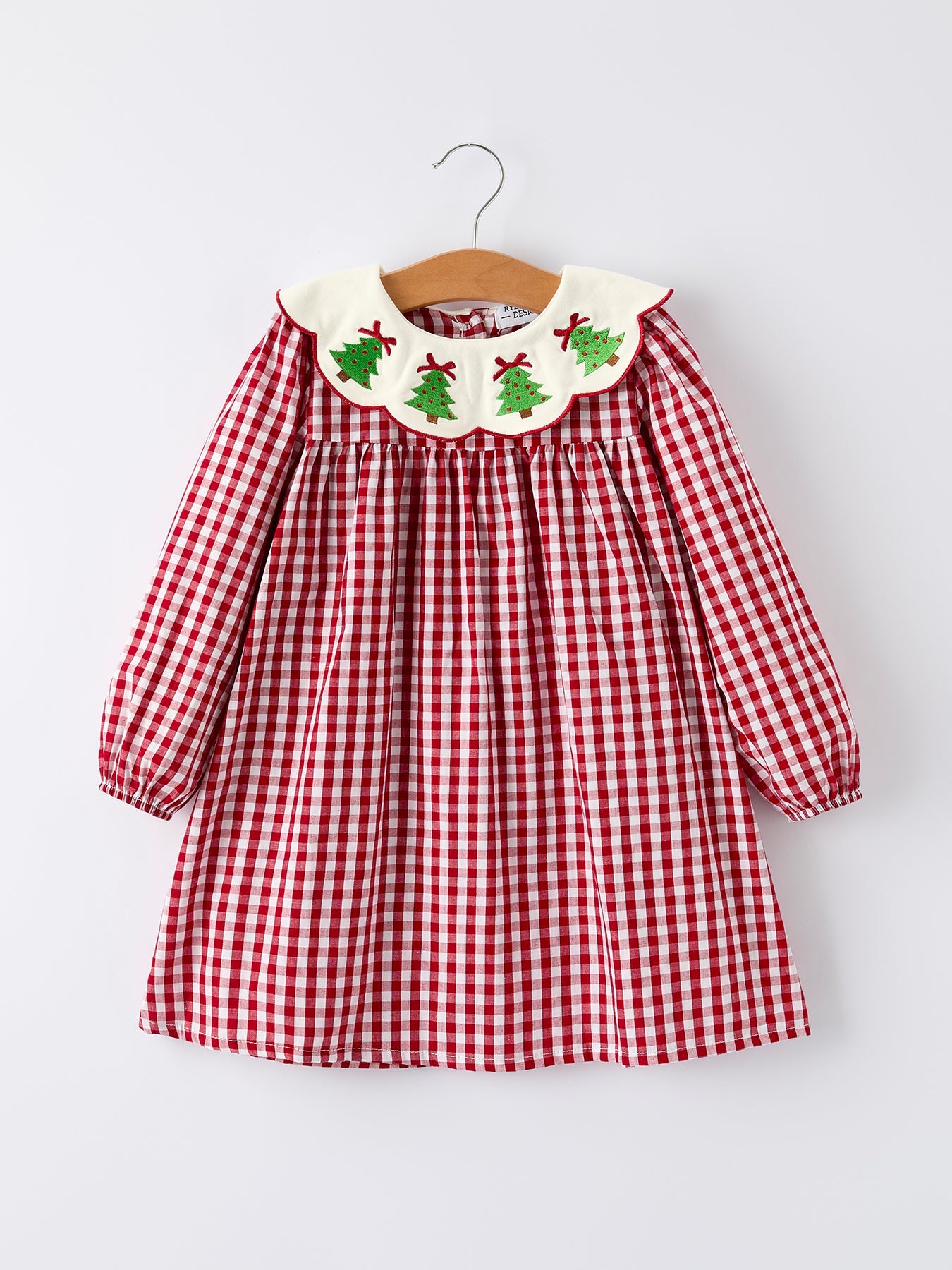 Girls plaid Christmas dress with a collar featuring an embroidered Christmas tree
