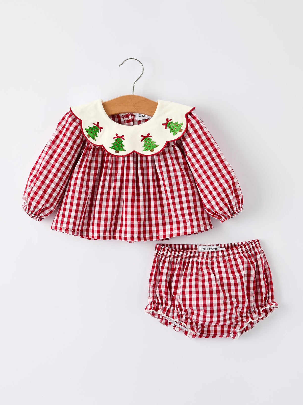 Christmas Tree Embroidery Red Gingham Long Sleeve Baby Girl Bloomers Set by Rylee Faith Designs