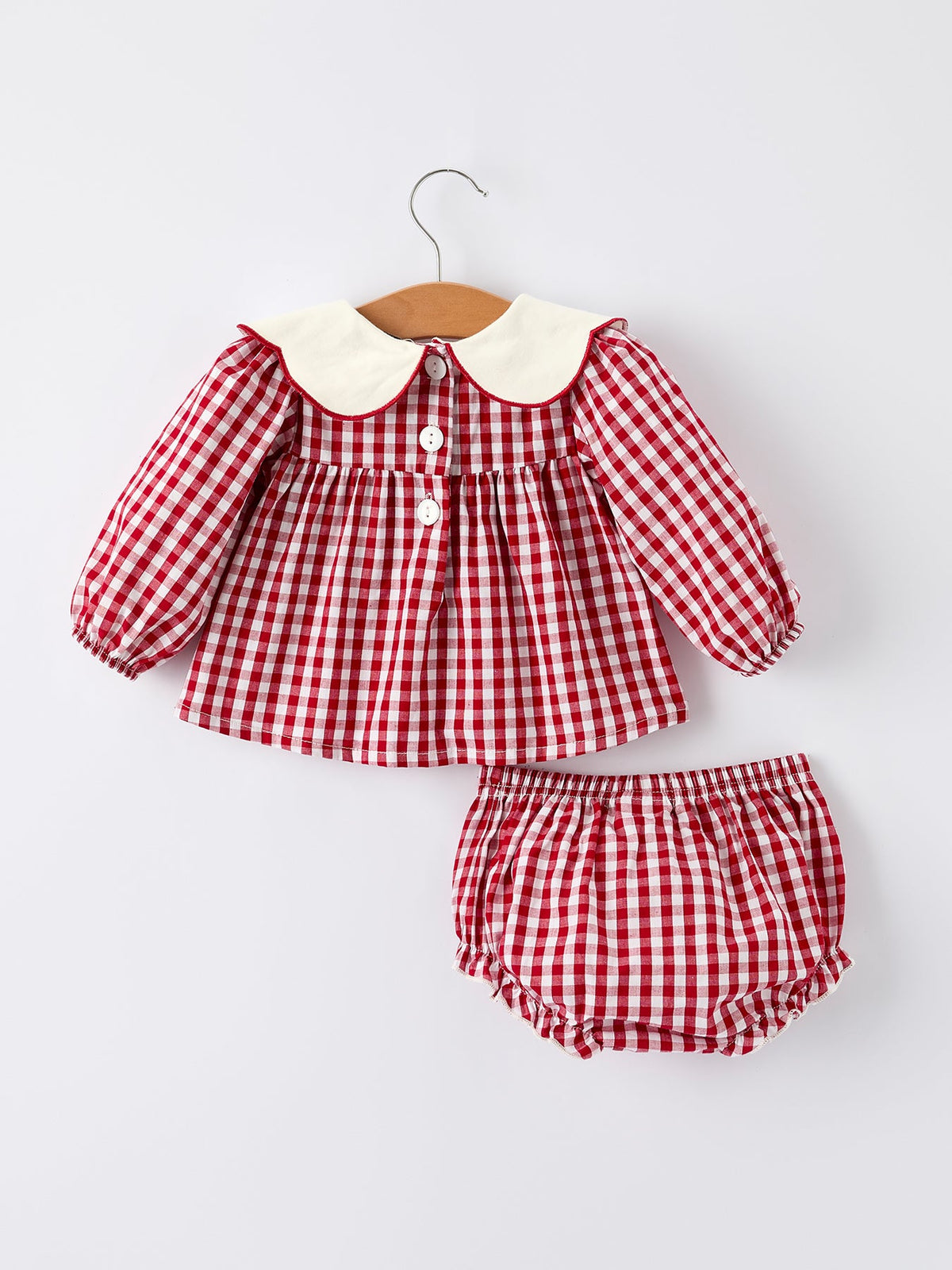 Christmas Tree Embroidery Red Gingham Long Sleeve Baby Girl Bloomers Set by Rylee Faith Designs