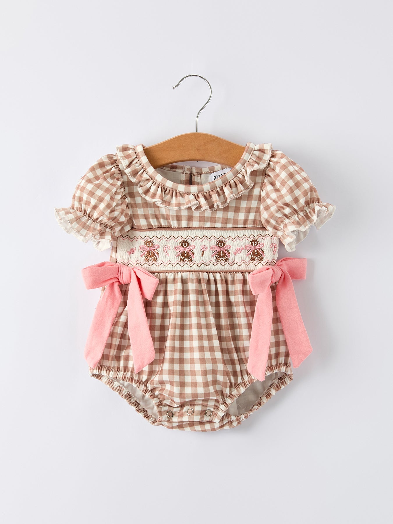Christmas Vintage-Style Plaid Embroidered Gingerbread and Bows Girls Romper by Rylee Faith Designs