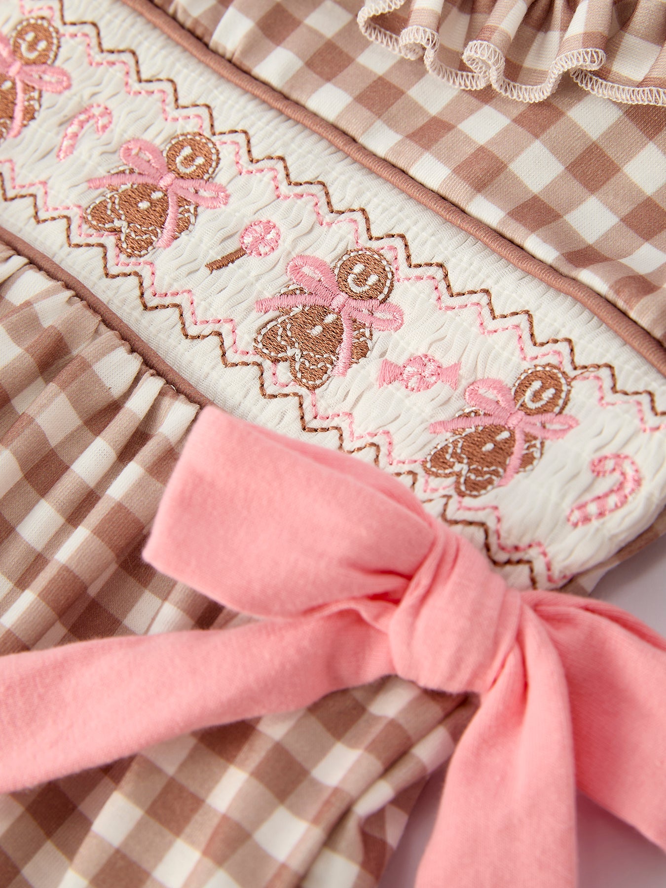 Christmas Vintage-Style Plaid Embroidered Gingerbread and Bows Girls Romper by Rylee Faith Designs