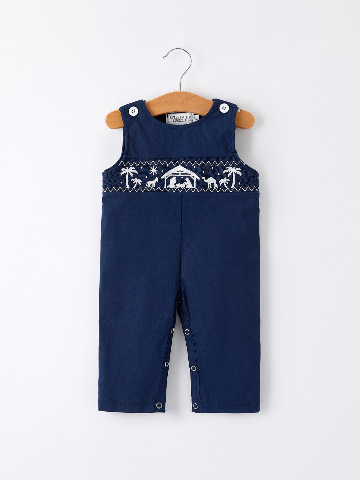 Christmas Navy Blue Nativity Smocking Embroidered Baby Boy Romper by Rylee Faith Designs