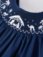 Christmas Navy Blue Nativity Smocking Embroidered Dress by Rylee Faith Designs