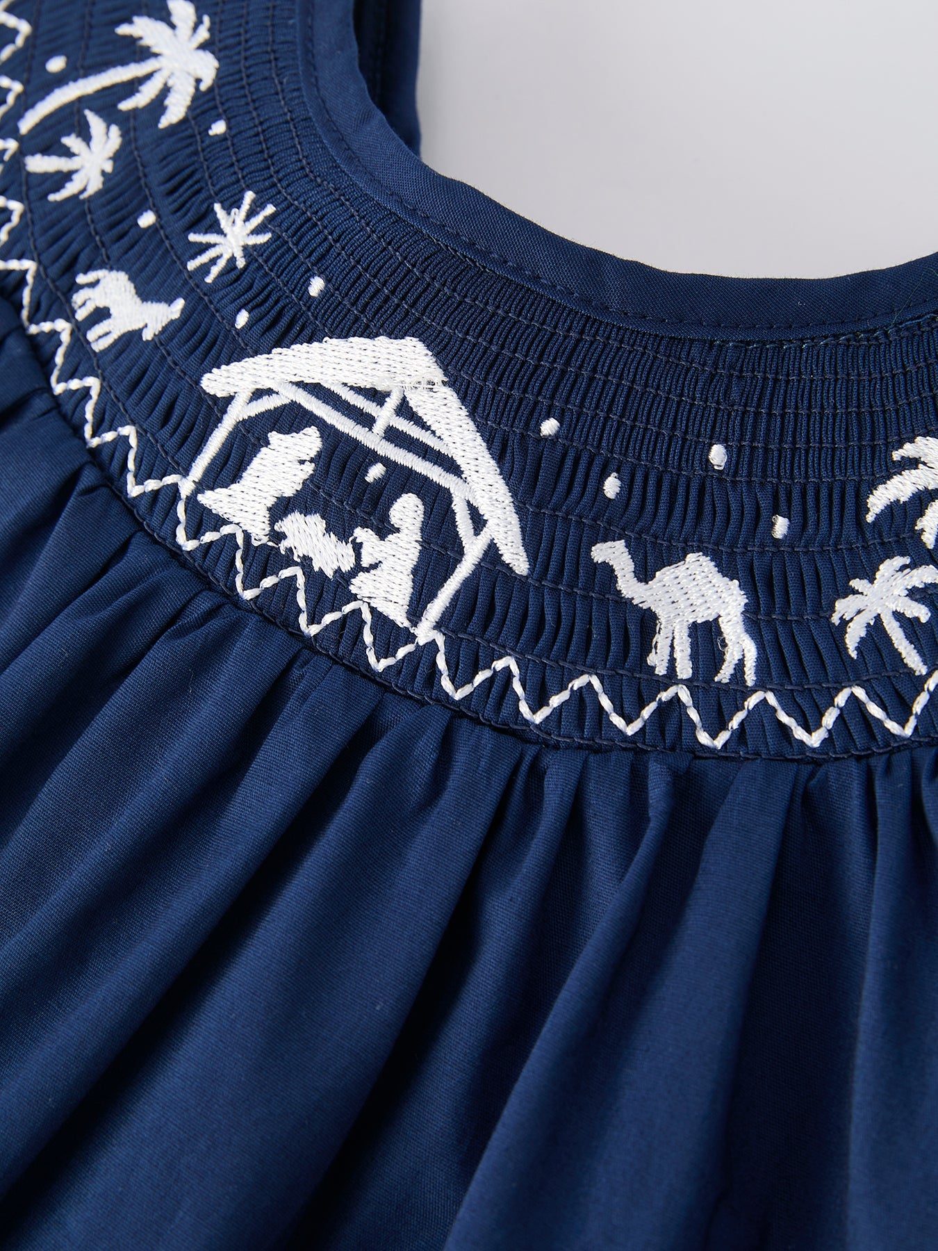 Christmas Navy Blue Nativity Smocking Embroidered Dress by Rylee Faith Designs