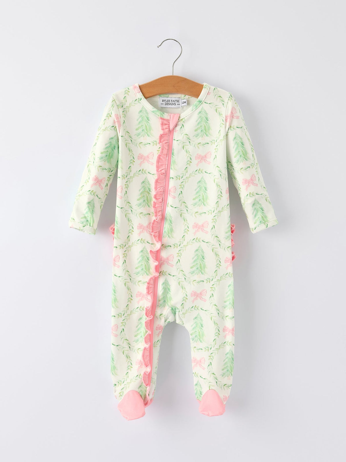 Christmas Tree Wreath Print Long Sleeve Zip Baby Girls Romper by Rylee Faith Designs