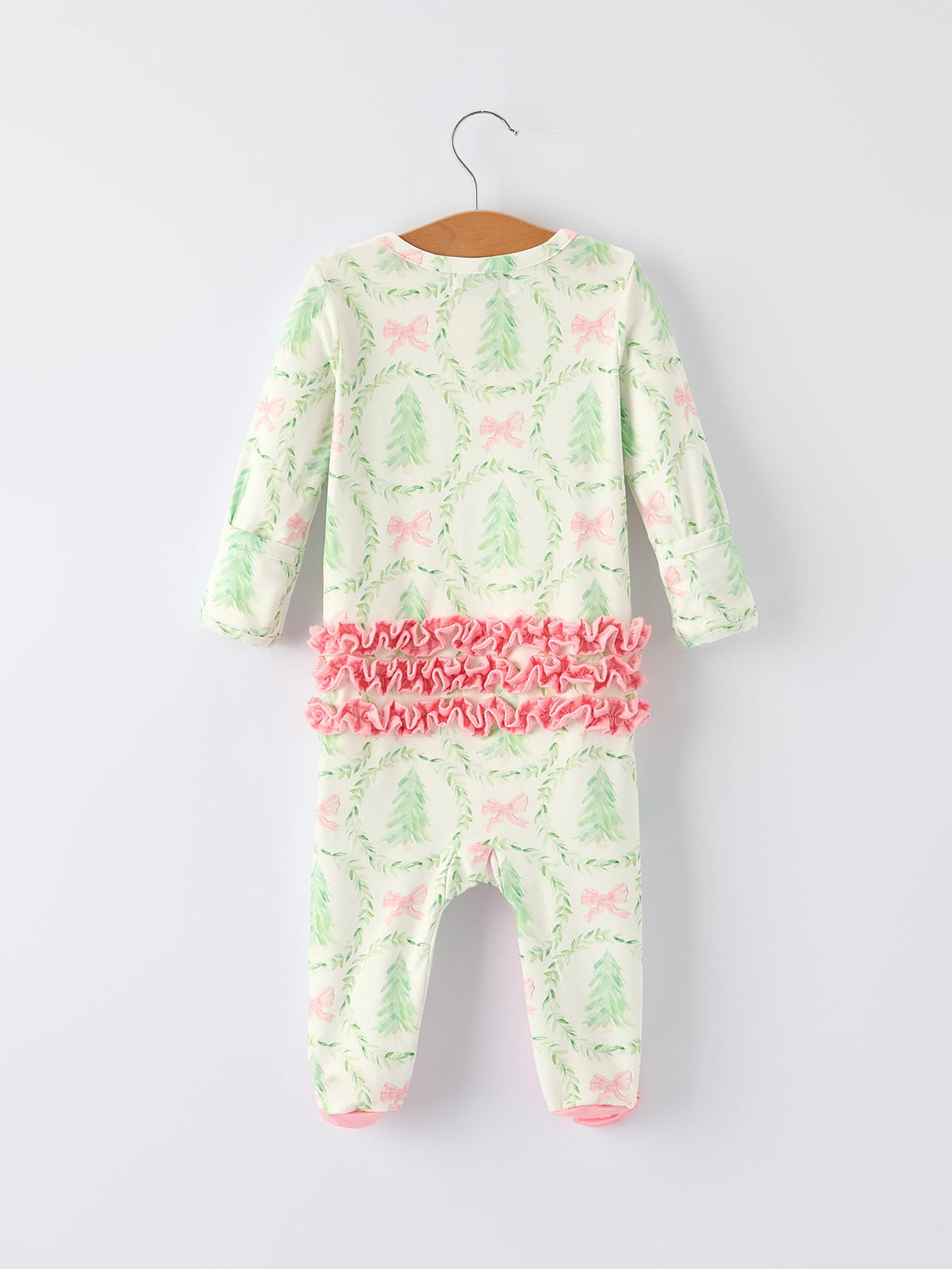 Christmas Tree Wreath Print Long Sleeve Zip Baby Girls Romper by Rylee Faith Designs
