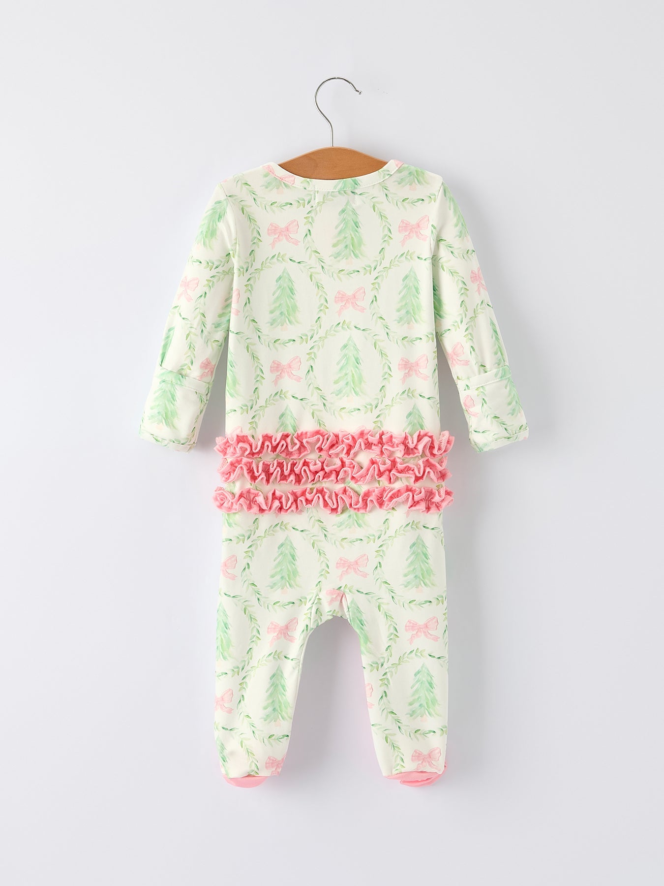 Christmas Tree Wreath Print Long Sleeve Zip Baby Girls Romper by Rylee Faith Designs