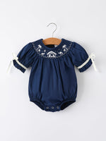Navy Blue Nativity Smocking Embroidered Baby Girls Christmas Romper by Rylee Faith Designs