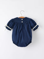 Navy Blue Nativity Smocking Embroidered Baby Girls Christmas Romper by Rylee Faith Designs