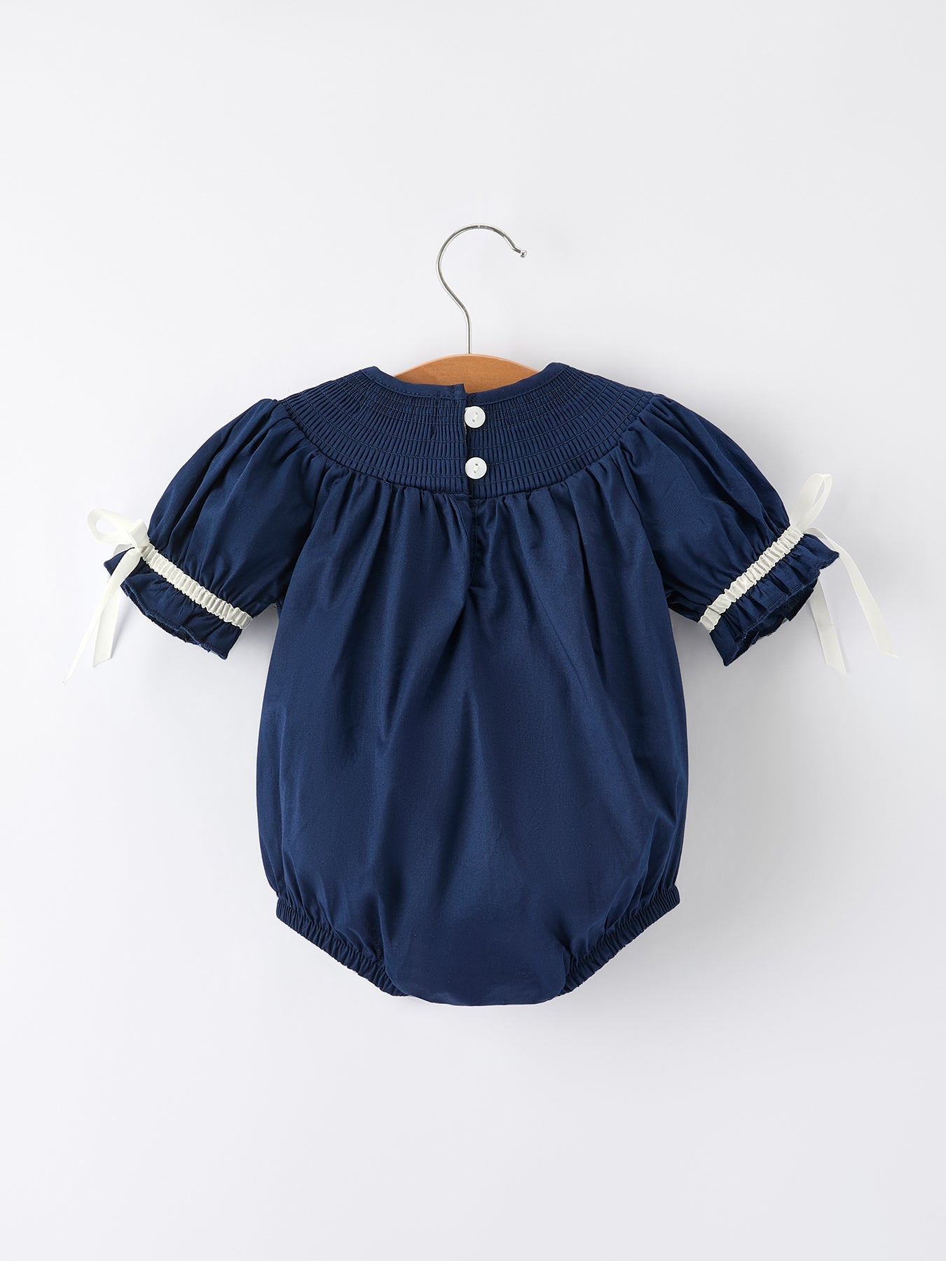Navy Blue Nativity Smocking Embroidered Baby Girls Christmas Romper by Rylee Faith Designs