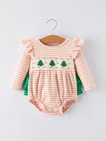Christmas Tree Smocked Embroidery Stripe Baby Girls Romper by Rylee Faith Designs