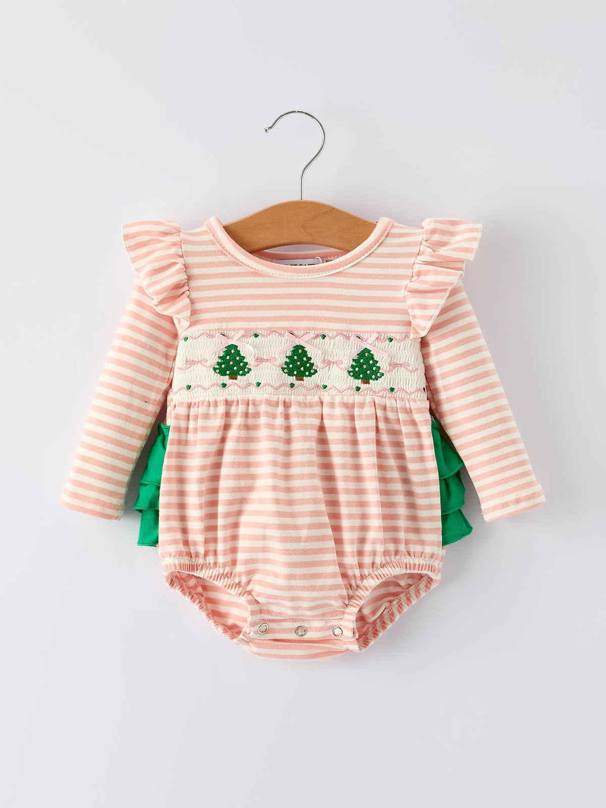 Christmas Tree Smocked Embroidery Stripe Baby Girls Romper by Rylee Faith Designs