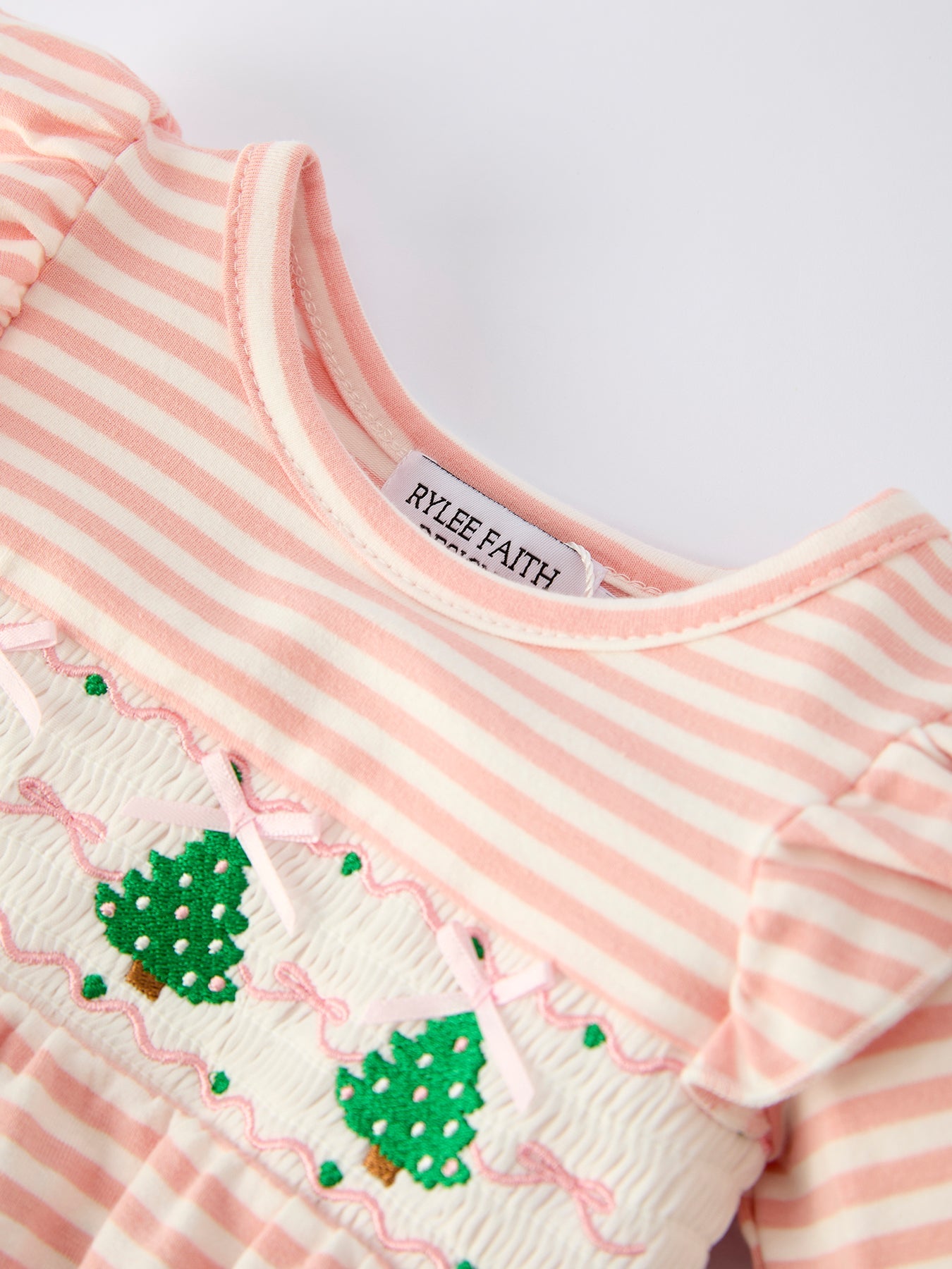 Christmas Tree Smocked Embroidery Stripe Baby Girls Romper by Rylee Faith Designs