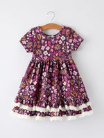 Retro Floral Print Short Sleeve  Girls Dress  with Pockets by Rylee Faith Designs at Everetts Place