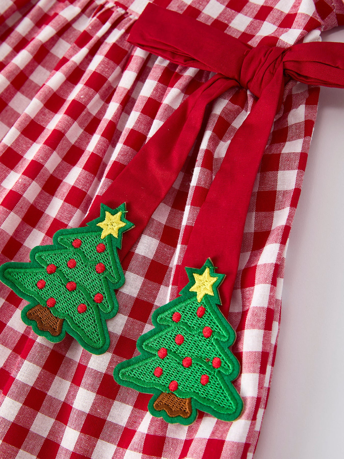 Girls Christmas Outfit – Red Plaid Dress with Tree Bow Accents by Rylee Faith Designs