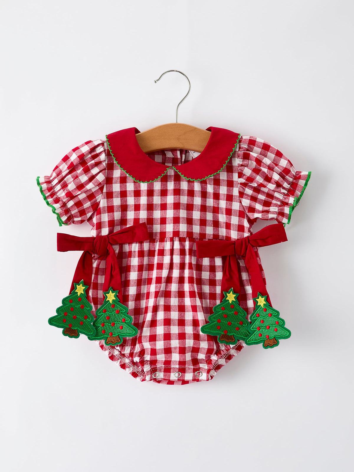 Baby Girls Christmas Outfit – Red Plaid Romper with Tree Bow Accents by Rylee Faith Designs