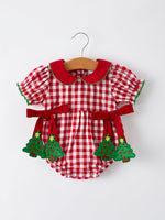 Baby Girls Christmas Outfit – Red Plaid Romper with Tree Bow Accents by Rylee Faith Designs