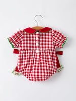 Baby Girls Christmas Outfit – Red Plaid Romper with Tree Bow Accents by Rylee Faith Designs