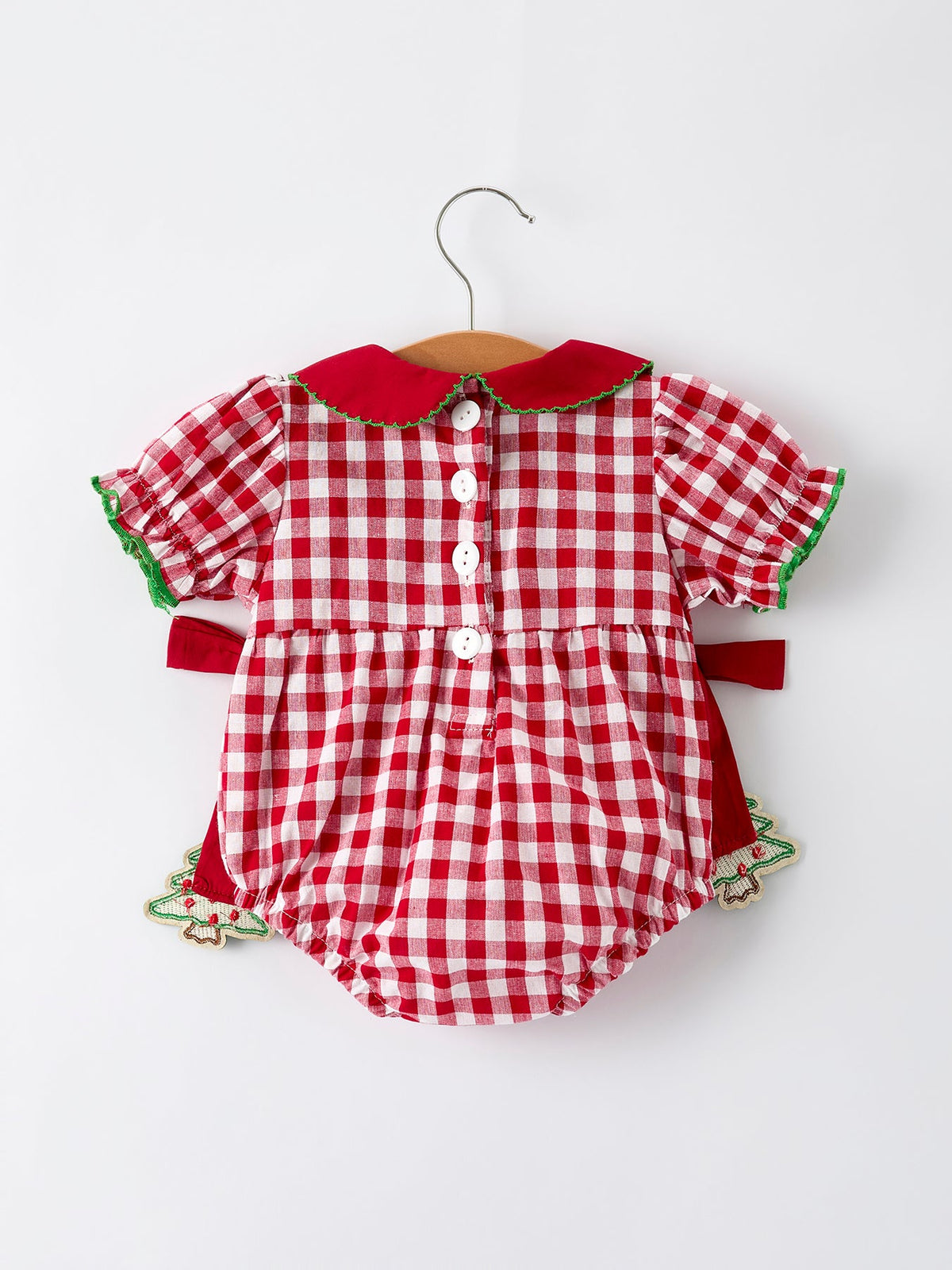 Baby Girls Christmas Outfit – Red Plaid Romper with Tree Bow Accents by Rylee Faith Designs