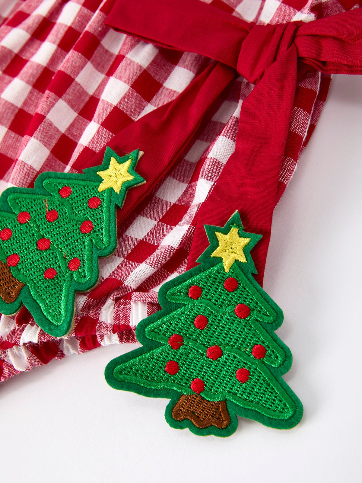 Baby Girls Christmas Outfit – Red Plaid Romper with Tree Bow Accents by Rylee Faith Designs