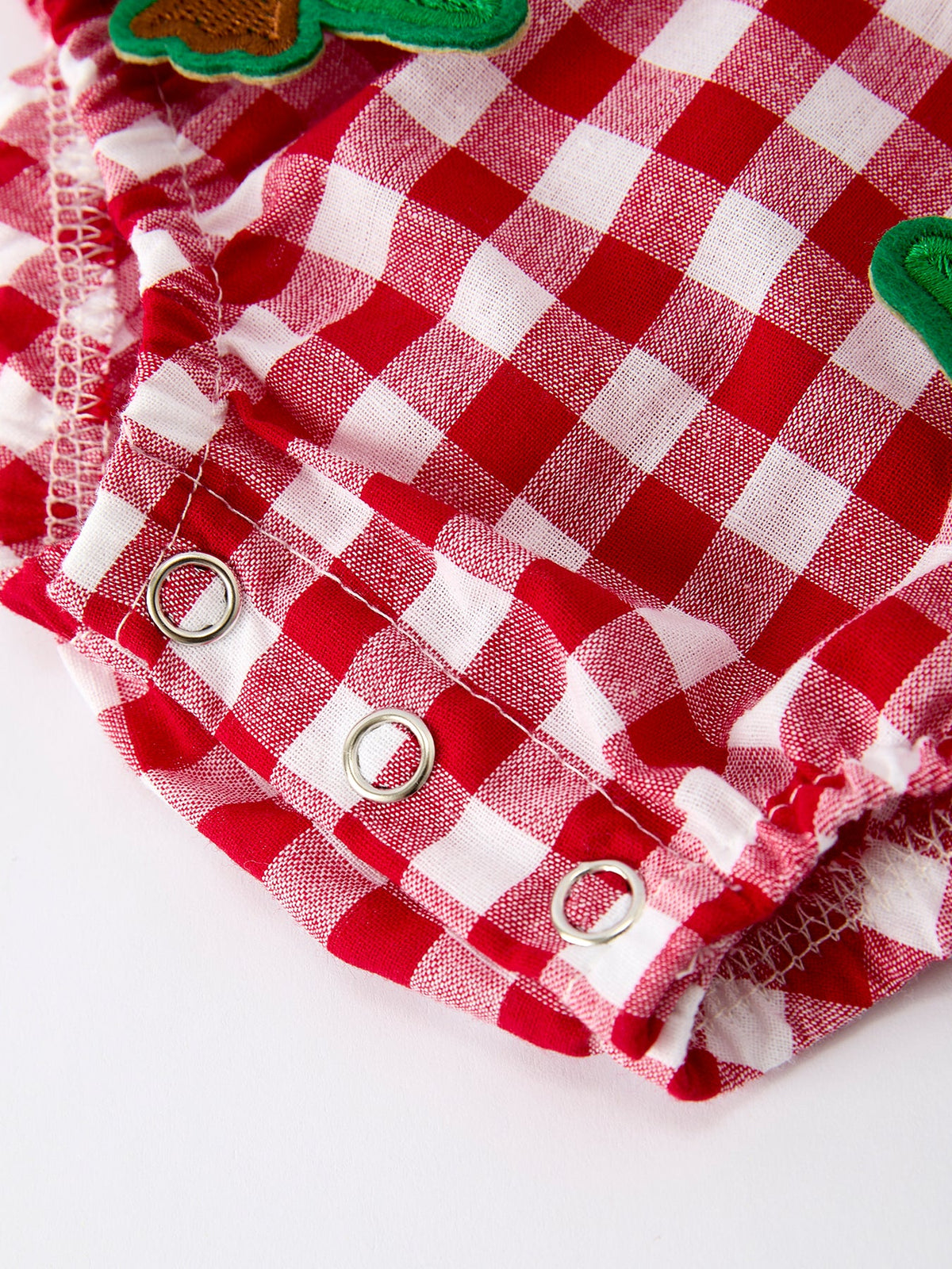 Baby Girls Christmas Outfit – Red Plaid Romper with Tree Bow Accents by Rylee Faith Designs