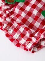 Baby Girls Christmas Outfit – Red Plaid Romper with Tree Bow Accents by Rylee Faith Designs