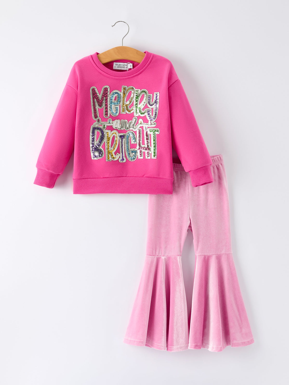 Toddler Girls Christmas Outfit – Pink Merry Bright Top and Bell Pants by Rylee Faith Designs