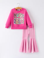 Toddler Girls Christmas Outfit – Pink Merry Bright Top and Bell Pants by Rylee Faith Designs