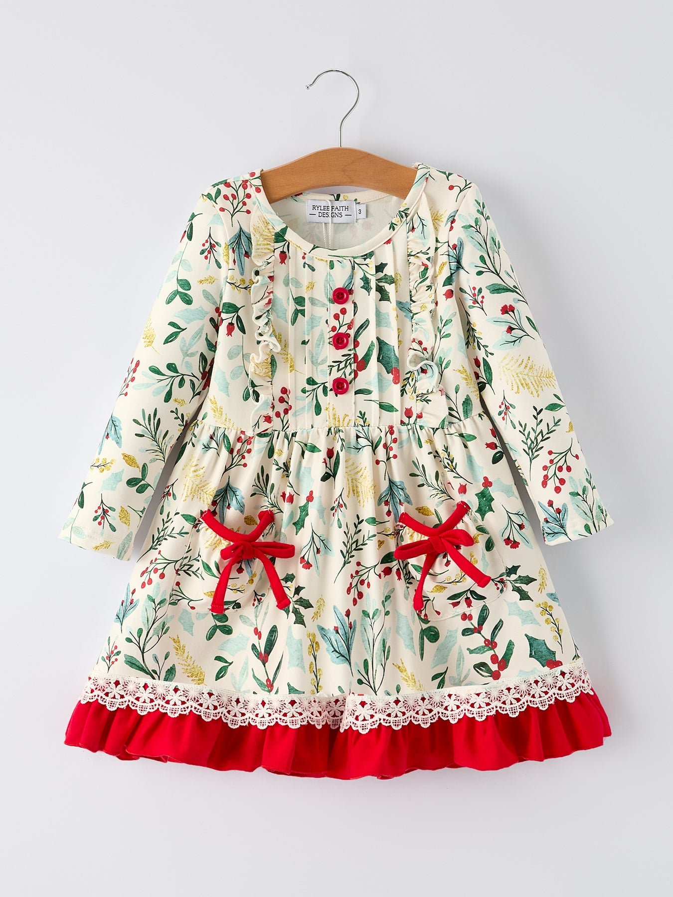 Toddler girls dress in a holiday floral print with side pockets