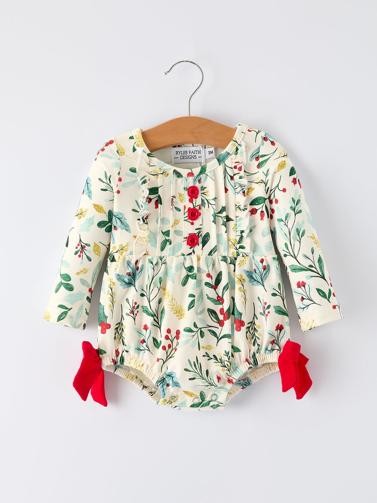 Baby Girls Christmas Romper – Holiday Bow Long Sleeve Outfit by Rylee Faith Designs
