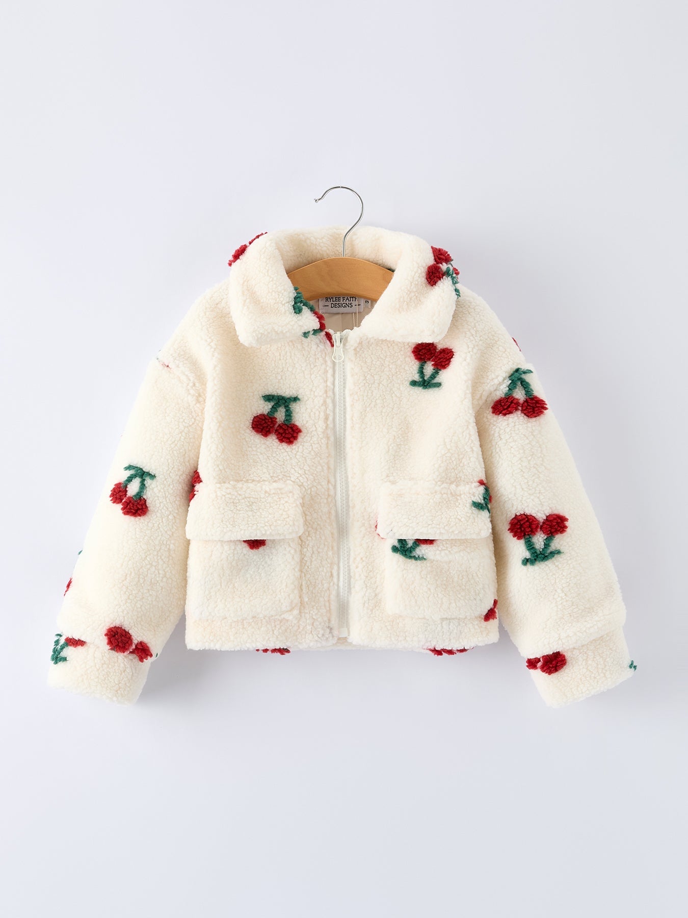 Cherry-red plush zip-up winter jacket for girls with a soft fuzzy texture