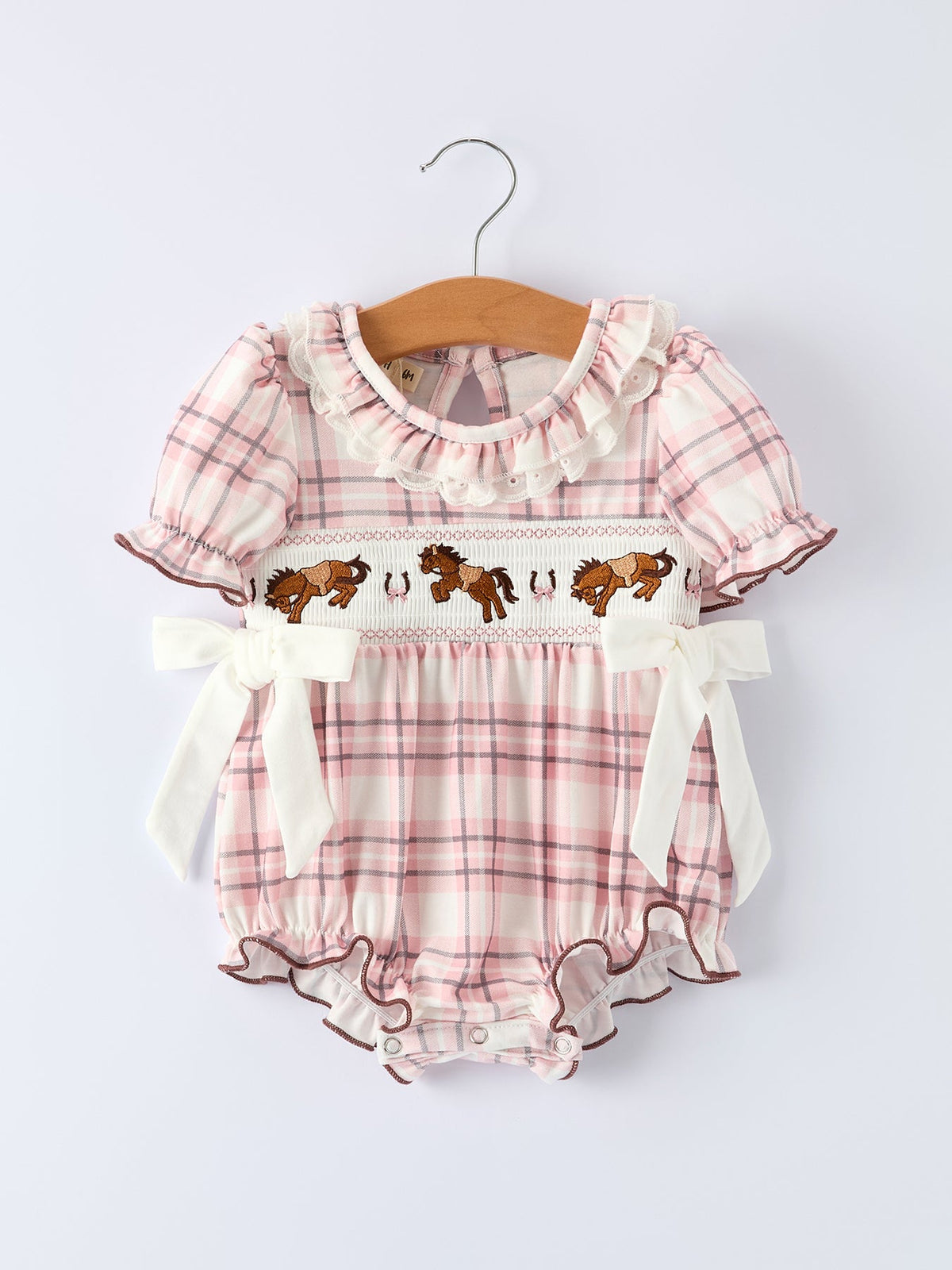 Western Horse Embroidered Smocked Plaid Baby Girl Romper by Rylee Faith Designs at Everetts Place