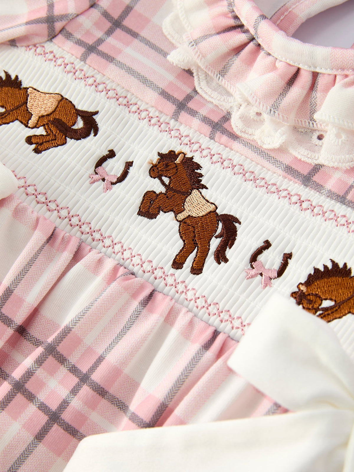 Western Horse Embroidered Smocked Plaid Baby Girl Romper by Rylee Faith Designs at Everetts Place