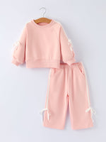 Girls Cotton Polyester Sweatshirt and Pants Set, Pink Bow Trim by Rylee Faith Designs