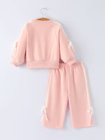 Girls Cotton Polyester Sweatshirt and Pants Set, Pink Bow Trim by Rylee Faith Designs