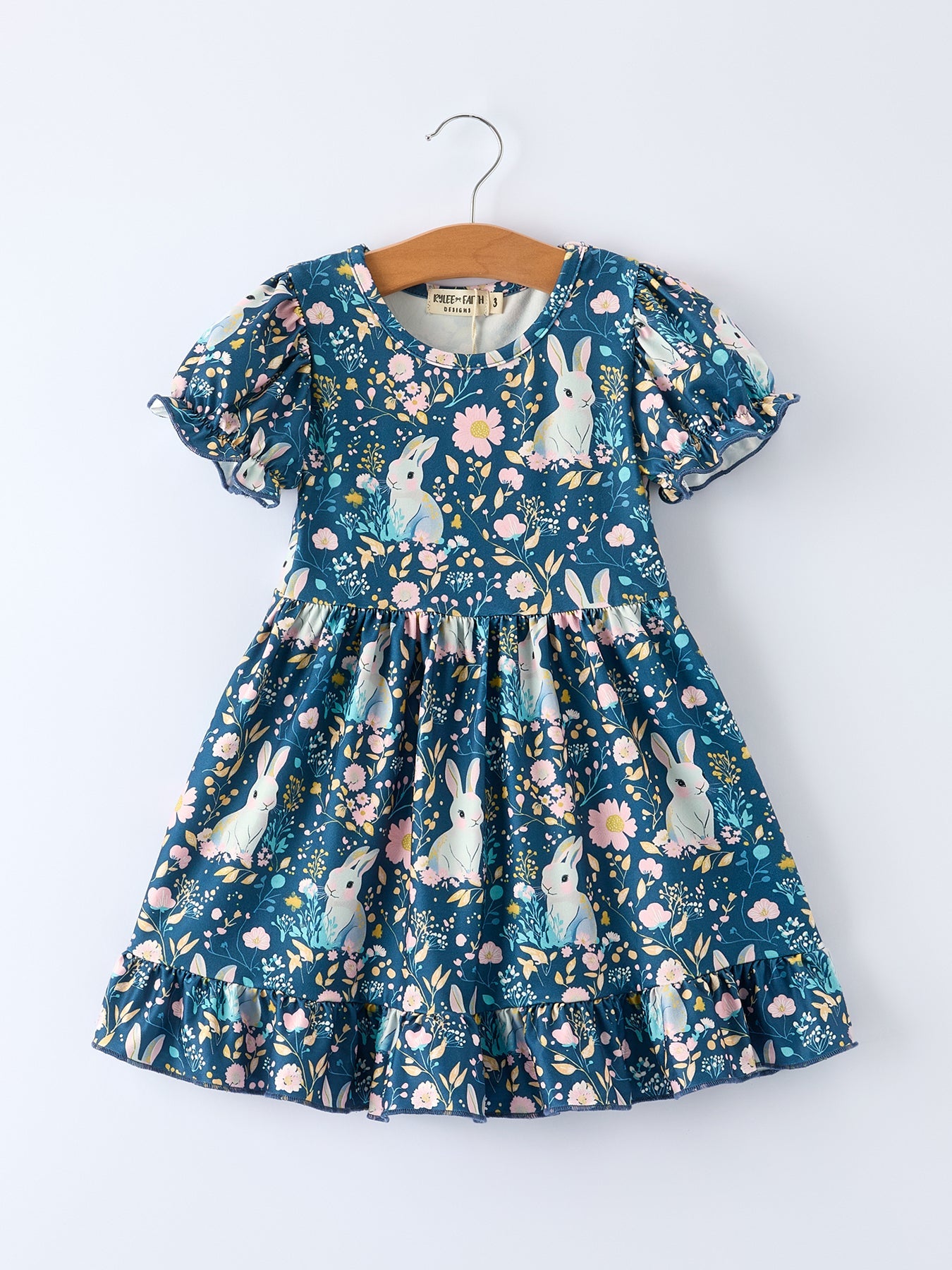Teal Bunny Garden Ruffle Sleeve Girls Dress