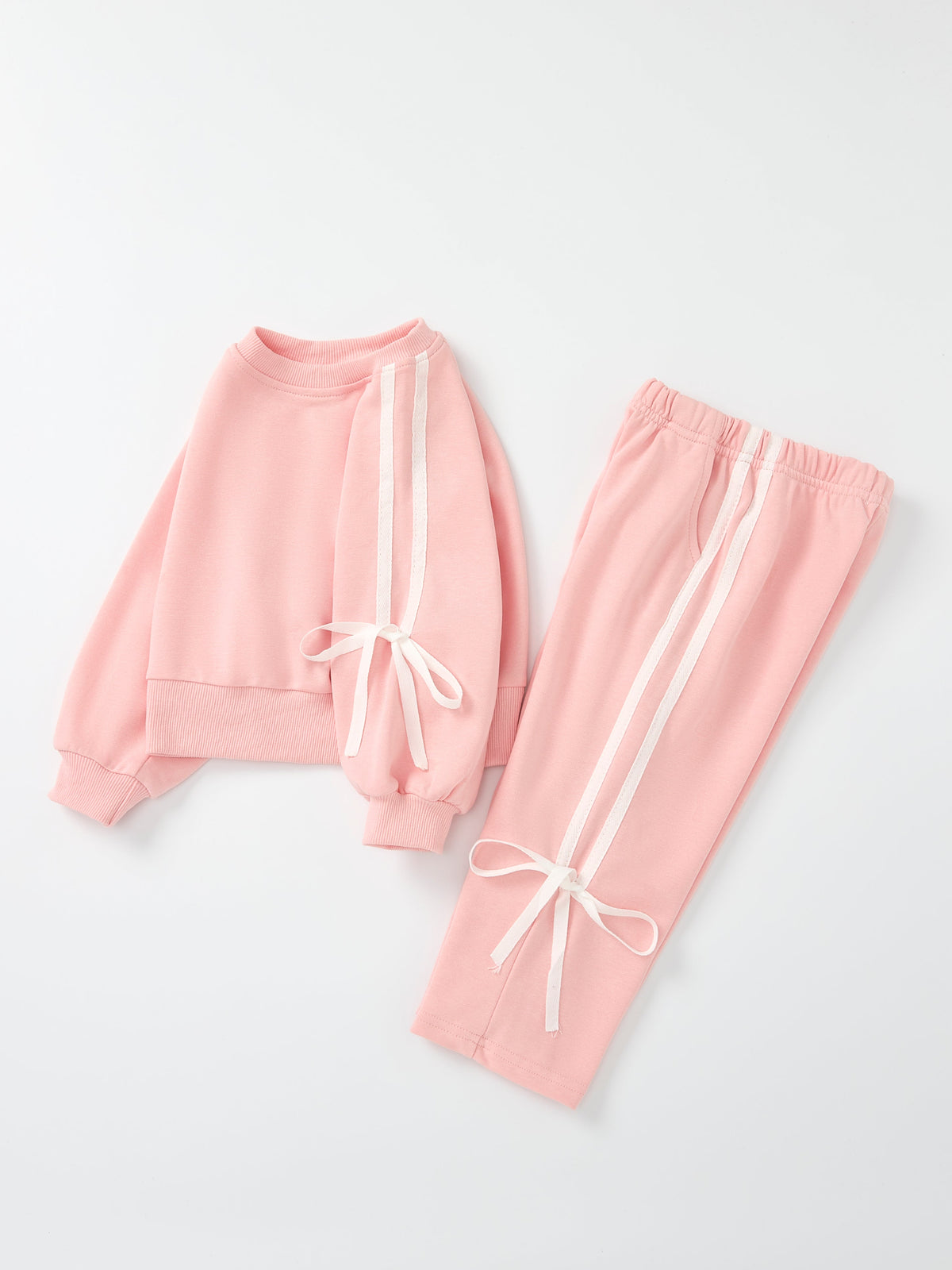 Girls Cotton Polyester Sweatshirt and Pants Set, Pink Bow Trim by Rylee Faith Designs