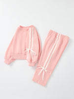Girls Cotton Polyester Sweatshirt and Pants Set, Pink Bow Trim by Rylee Faith Designs