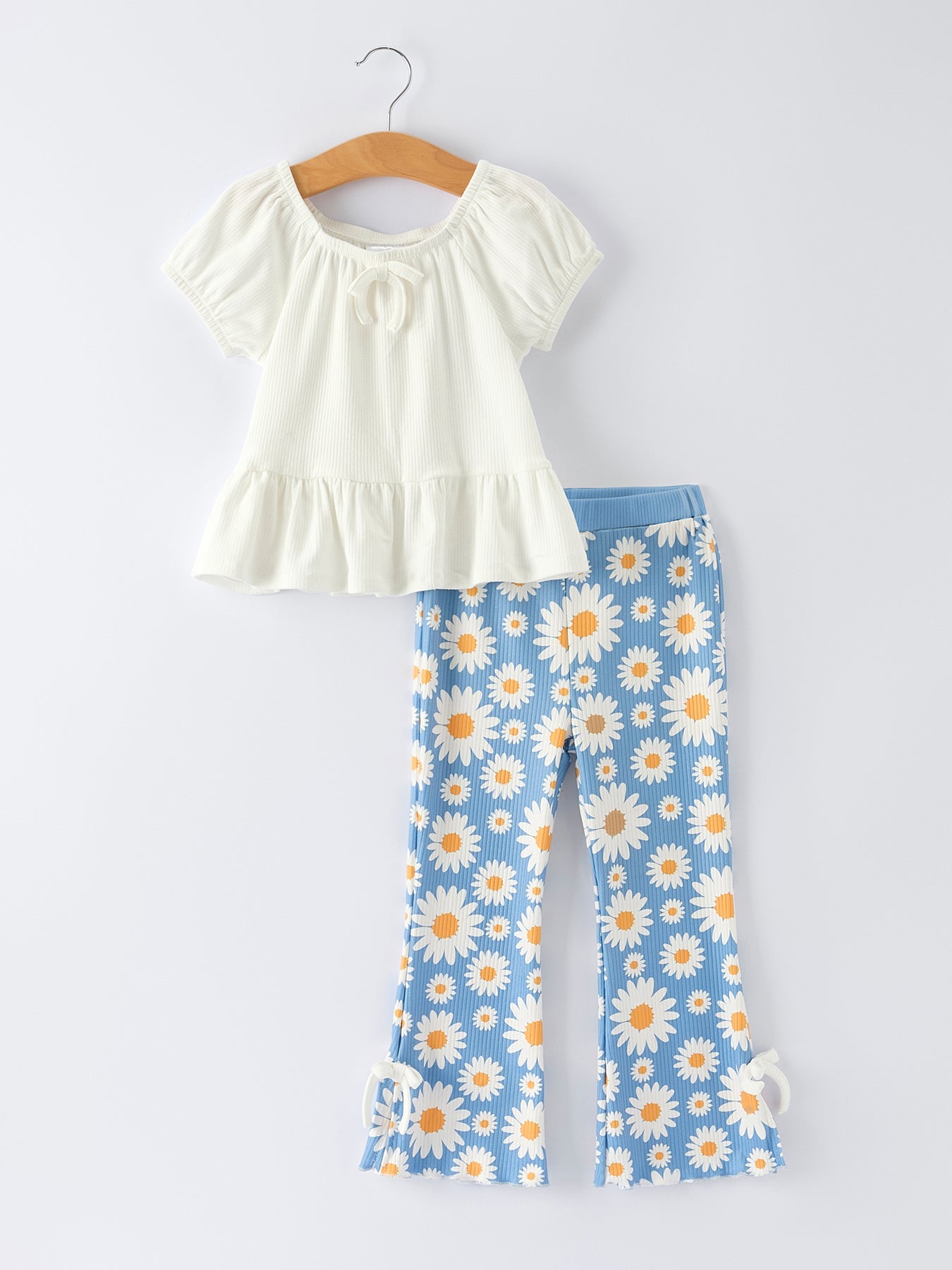 White Top And Daisy-Print Flared Pants Girl's Outfit by Rylee Faith Designs at Everetts Place