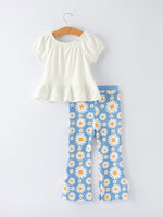 White Top And Daisy-Print Flared Pants Girl's Outfit by Rylee Faith Designs at Everetts Place